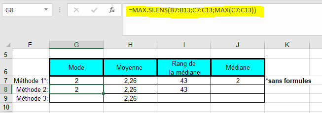 exemple dans Microsoft Excel, de la formule =MAX.SI.ENS