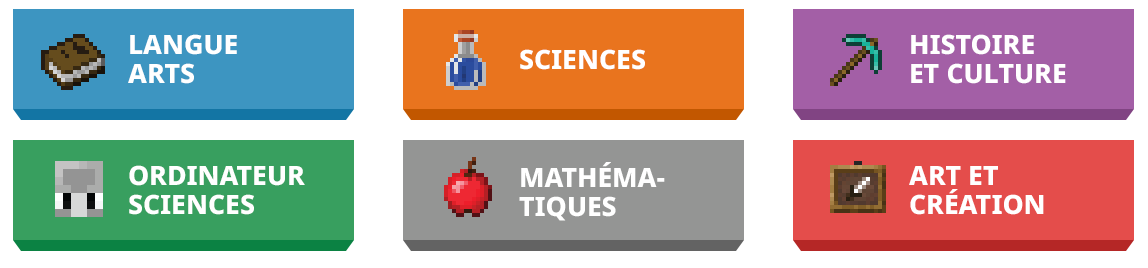 Image qui montre les différentes sections pour chaque discipline sur le site Minecraft Education.