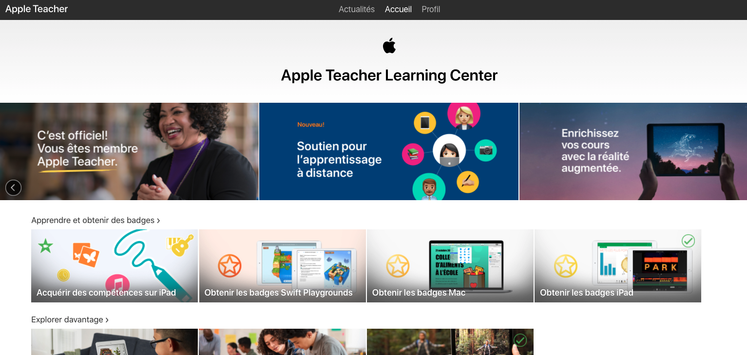 Cette image présente le portail Apple Teacher.